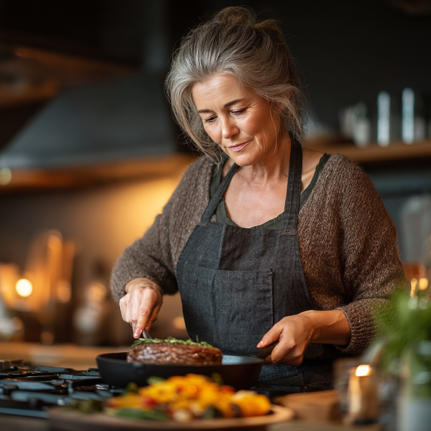 Щаслива пара похилого віку готує здорову їжу разом